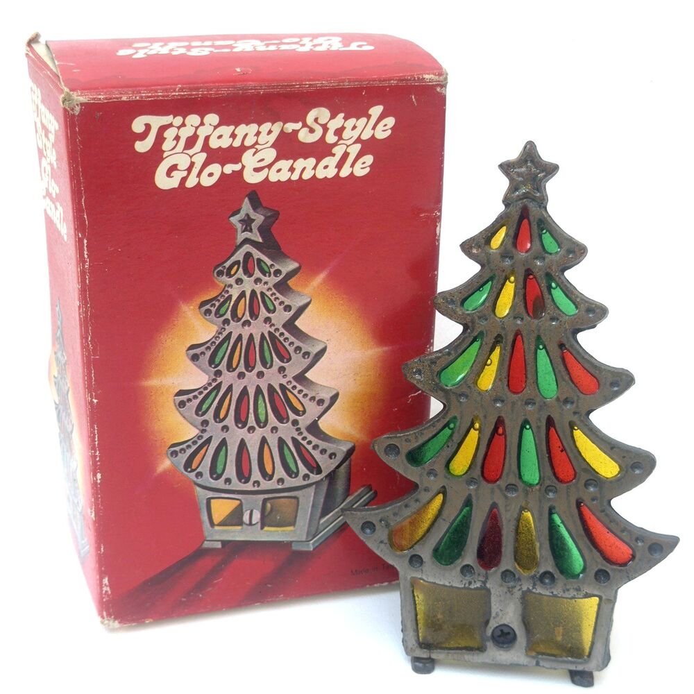 VTG Tiffany Style Cast Iron Stained Glass Christmas Tree Votive Candle Holder 6"